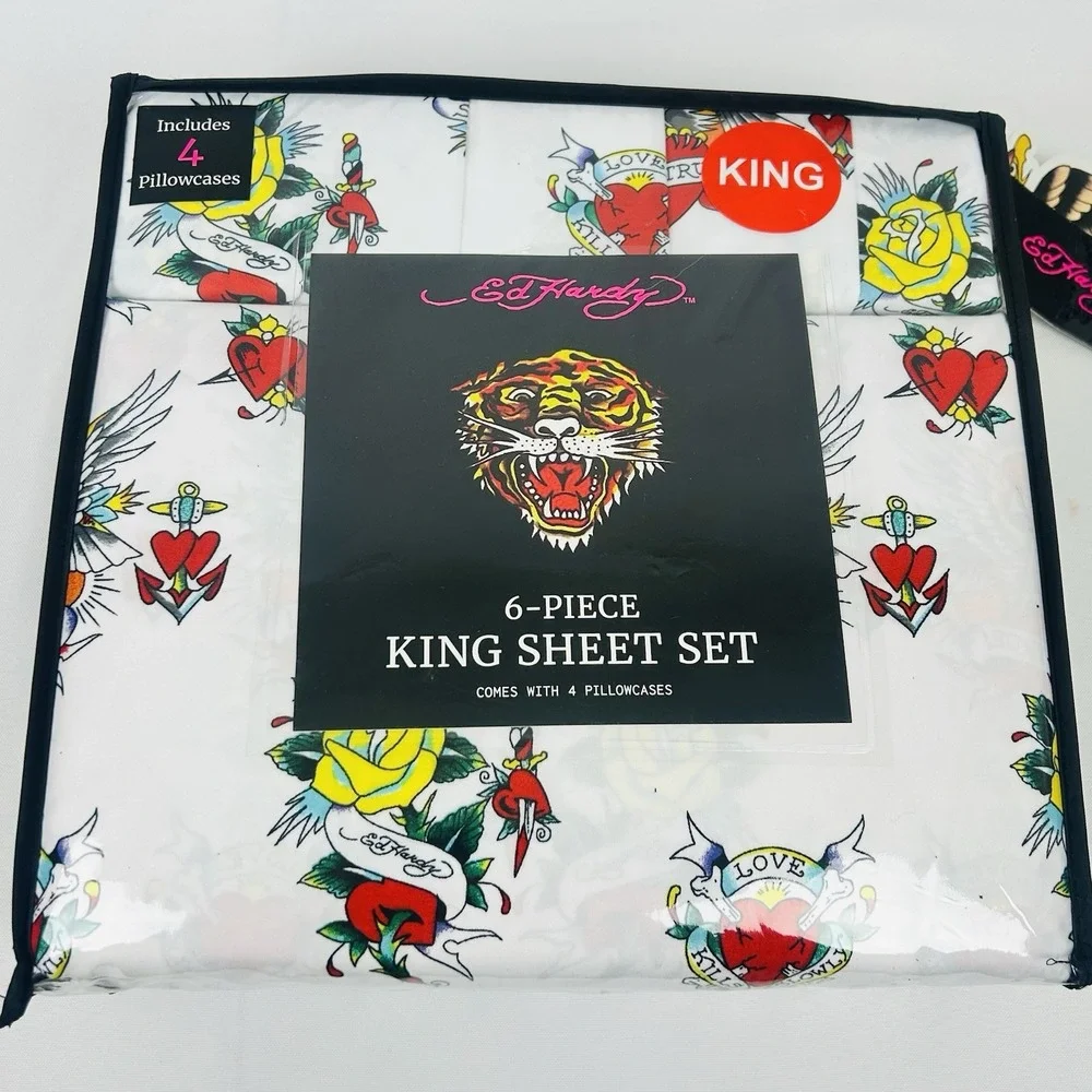 Ed Hardy King Size 6-Piece Tattoo Skull Butterfly Print White Sheet Set NEW